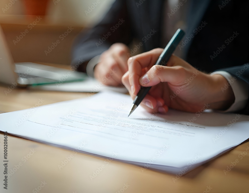 A person's hand writing on a document on a desk A person's hand writing on a document on a desk