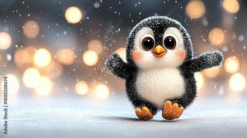 A small penguin standing tall in front of a hazy backdrop with subtle light boke in the background A small penguin standing tall in front of a hazy backdrop with subtle light boke in the background