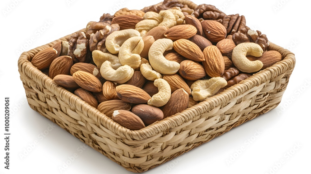 Realistic close-up of assorted nuts (almonds, cashews, walnuts) in a wooden basket on a white background Realistic close-up of assorted nuts (almonds, cashews, walnuts) in a wooden basket on a white background