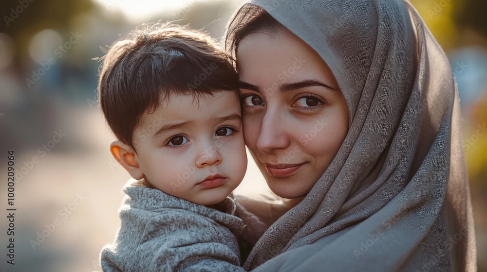 Photo of a veiled woman holding her son. Photo of a veiled woman holding her son.