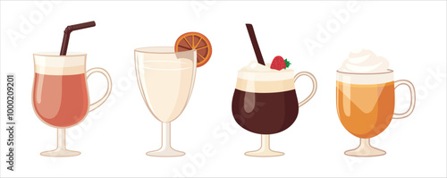 Set of vector illustration of popular winter drinks on white background
