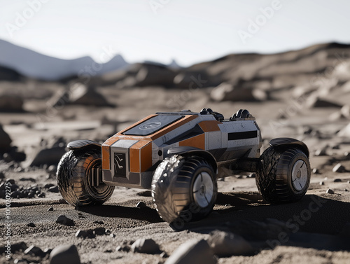 Futuristic Mars Rover on Rocky Extraterrestrial Landscape photo