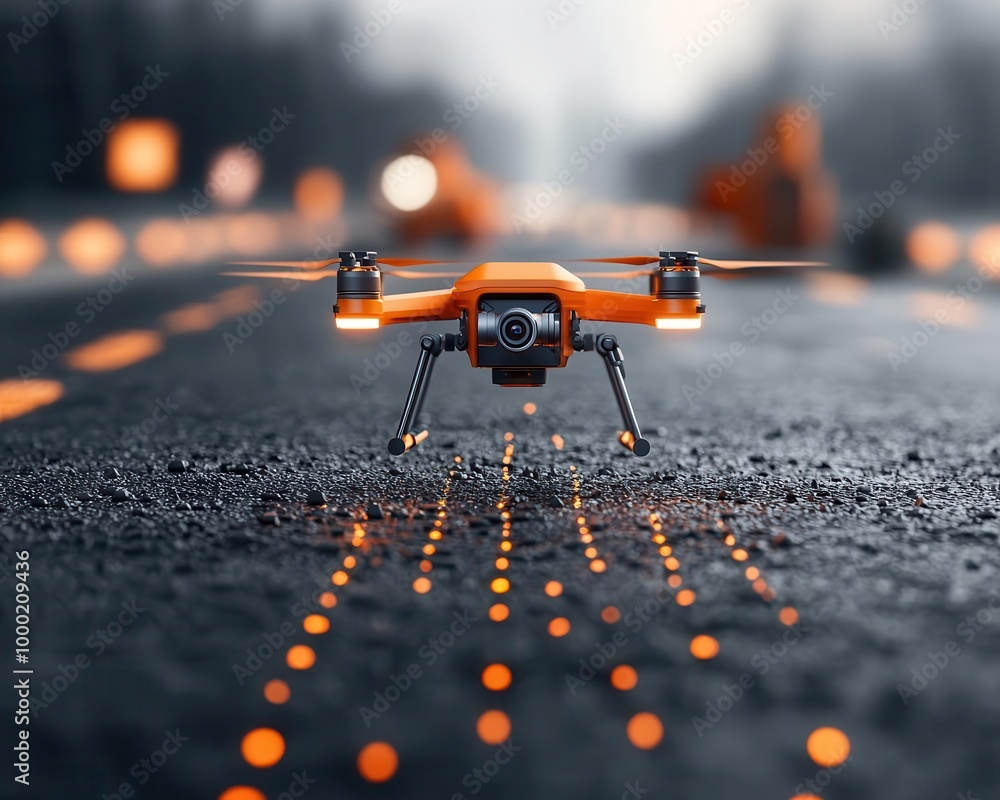 High-tech road construction site where drones assist robotic pavers in laying smart asphalt embedded with digital sensors, Futurism, 3D Render High-tech road construction site where drones assist robotic pavers in laying smart asphalt embedded with digital sensors, Futurism, 3D Render