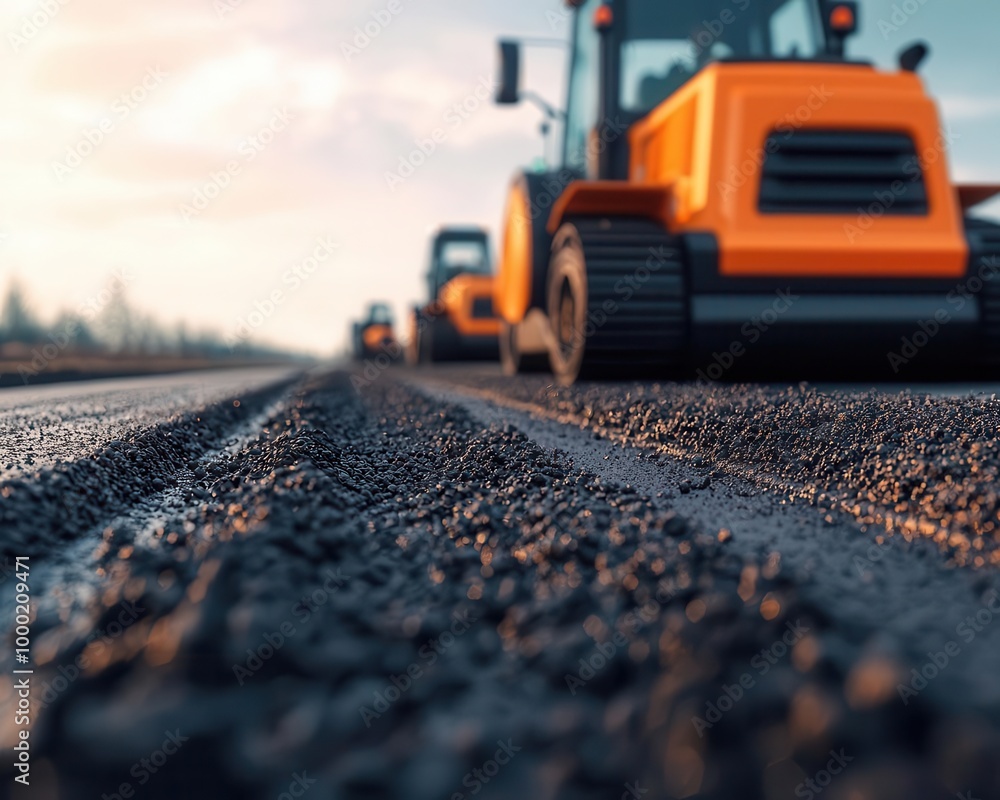 Modern highway construction site with autonomous machines laying eco-friendly asphalt under a bright sky, Sustainability, Digital Art Modern highway construction site with autonomous machines laying eco-friendly asphalt under a bright sky, Sustainability, Digital Art