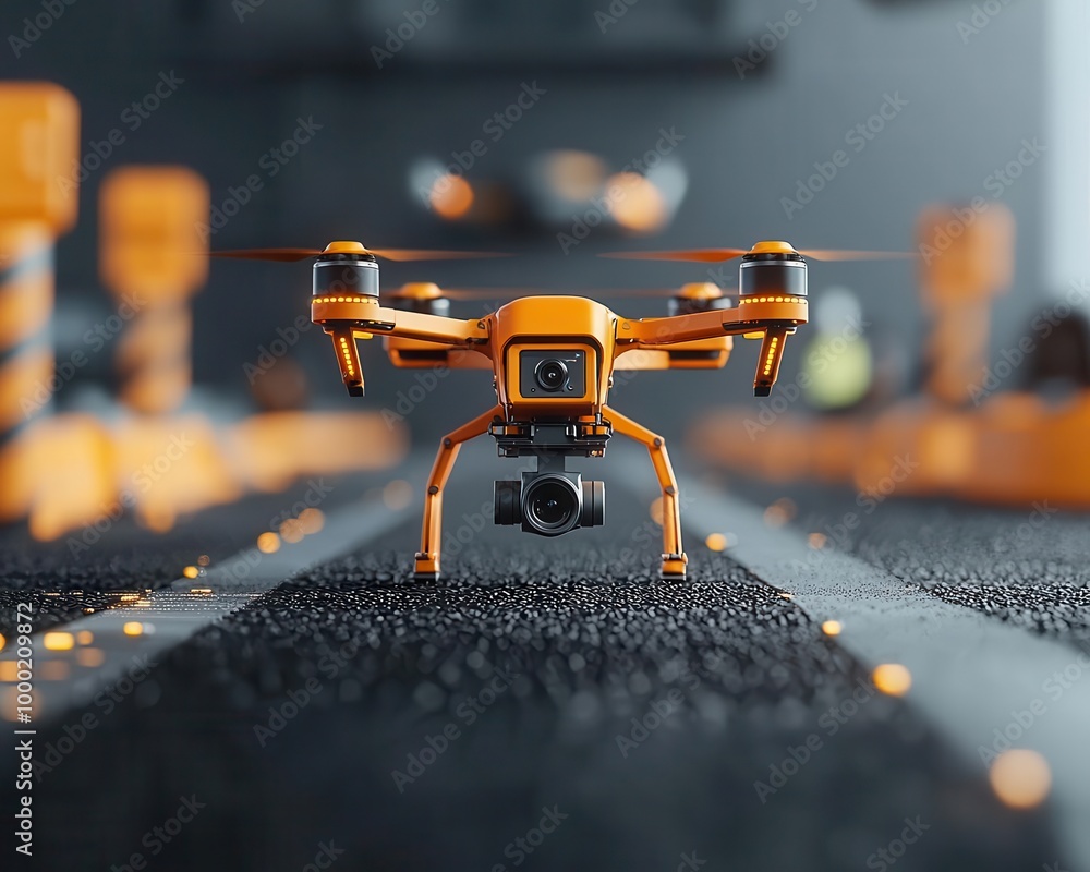 High-tech road construction site where drones assist robotic pavers in laying smart asphalt embedded with digital sensors, Futurism, 3D Render High-tech road construction site where drones assist robotic pavers in laying smart asphalt embedded with digital sensors, Futurism, 3D Render