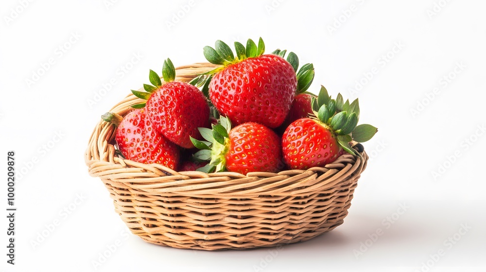 Realistic arrangement of ripe strawberries in a small wicker basket on a white background, showcasing their bright red color and green caps Realistic arrangement of ripe strawberries in a small wicker basket on a white background, showcasing their bright red color and green caps