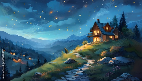 Whimsical Nighttime Landscape with a Hilltop House Radiating Dreamy Light