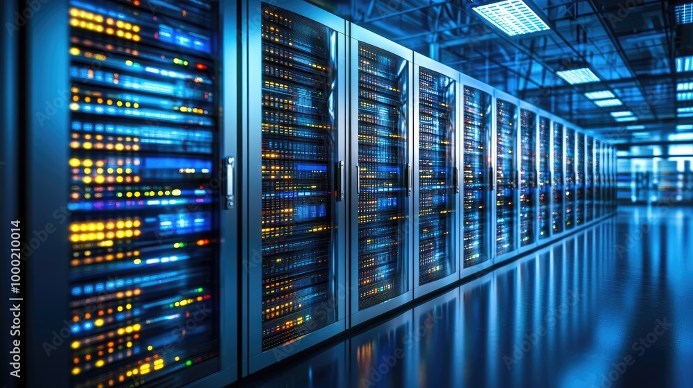 Photograph of modern data center server racks, storage systems and cloud computing. 3D forward-moving camera view. Photograph of modern data center server racks, storage systems and cloud computing. 3D forward-moving camera view.