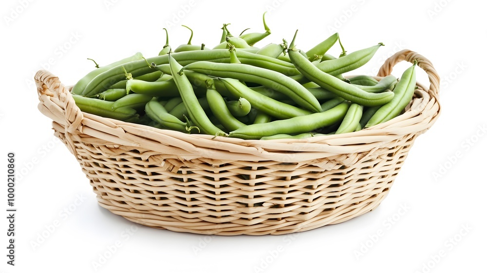 Realistic close-up of fresh green beans in a wicker basket on a white background, highlighting their smooth texture and vibrant green color Realistic close-up of fresh green beans in a wicker basket on a white background, highlighting their smooth texture and vibrant green color