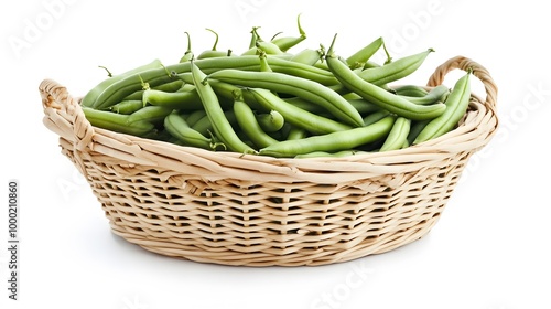 Realistic close-up of fresh green beans in a wicker basket on a white background, highlighting their smooth texture and vibrant green color