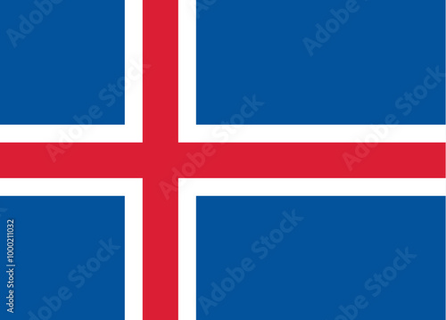 National Flag Iceland, Island, blue field with the white-edged red Nordic cross that extends to the edges; the vertical part of the cross is shifted to the hoist side