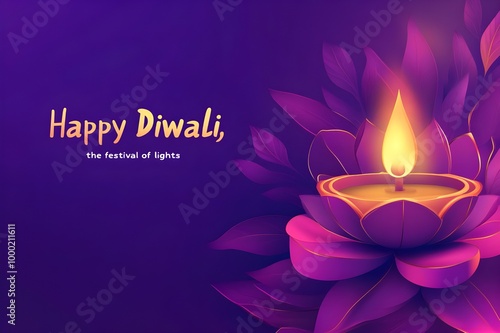 Happy Diwali. Deepavali Hindu festival of lights celebration. Clay diya candle. Oil lamp lit, copy space photo