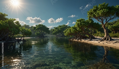 Serene coastal landscape at sunrise with mangrove trees and calm water