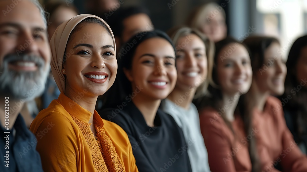 Diverse and inclusive group of office colleagues smiling at a team building workshop event, workplace race inclusion and diversity concept Diverse and inclusive group of office colleagues smiling at a team building workshop event, workplace race inclusion and diversity concept