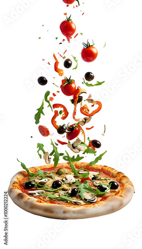 Fresh and colorful pizza ingredients are frozen mid-air as they float above a freshly baked pizza crust.