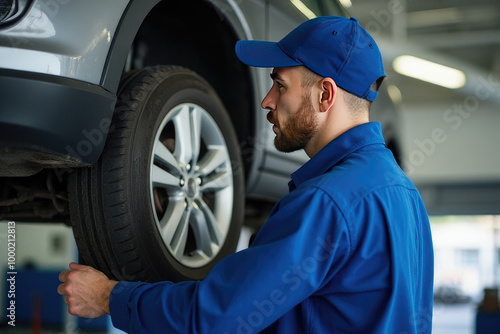 Car mechanic standing under the car in a modern garage room, and repairing or fixing automobile vehicle parts