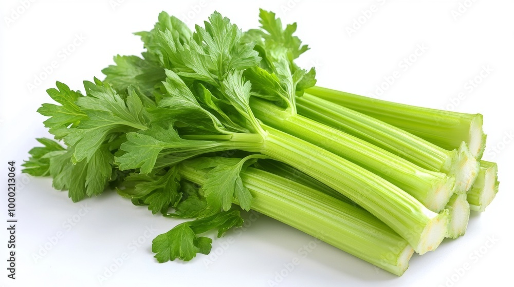 Fresh bunch of green celery stalks with leaves on white background Fresh bunch of green celery stalks with leaves on white background