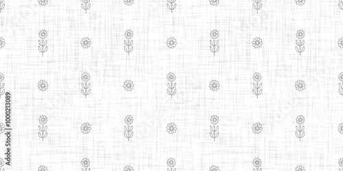 Seamless french taupe floral farmhouse linen printed fabric background. Light mottled grey cottage pattern. Shabby chic woven 2 tone cloth effect. Textile rustic organic ecru neutral all over print.