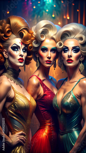 Group of Divas in glamorous dressed dreamlike gowns hairstyles and make-up for party. Three Beautiful masked drag queens with elegance and glamour ready for show. Generative ai photo