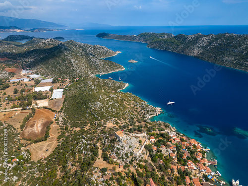 Kekova Island in the Summer Season Drone Photo, Mediterranean Sea Kalekoy Kekova, Demre Antalya, Turkiye (Turkey) photo