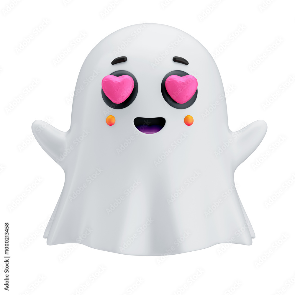 Asset 3D ghost emoji with heart-shaped eyes symbolizing love reaction Asset 3D ghost emoji with heart-shaped eyes symbolizing love reaction