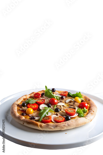 Delicious pizza with flying ingredients on white background
 photo