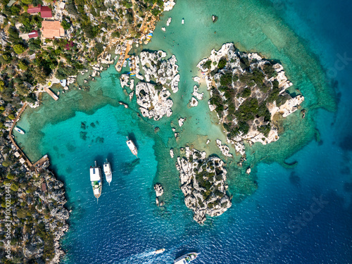 Fototapeta Naklejka Na Ścianę i Meble -  Kekova Island in the Summer Season Drone Photo, Mediterranean Sea Kalekoy Kekova, Demre Antalya, Turkiye (Turkey)