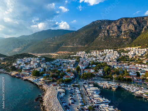 Aerial View of Kas Harbor with Boats and Mountains, Turkey.