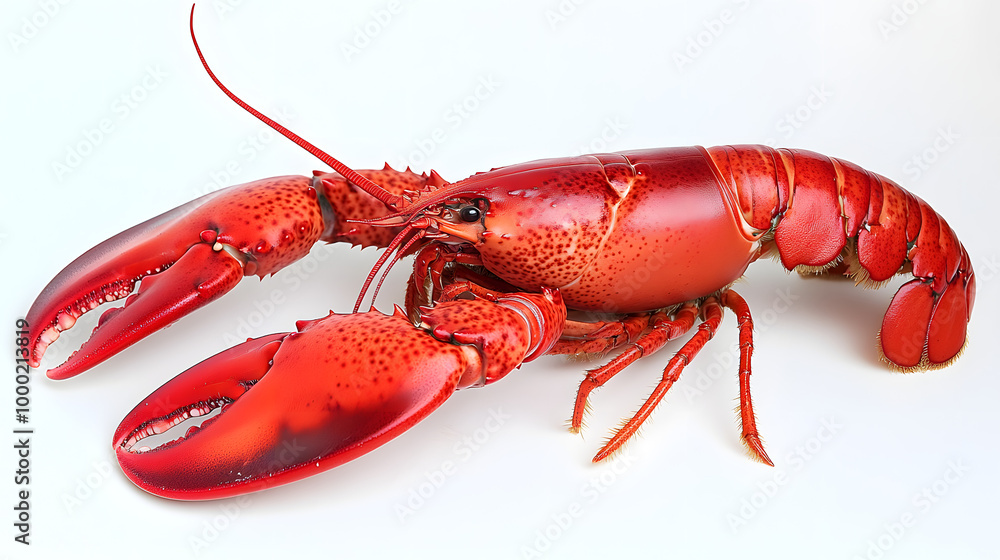 Fresh whole lobster displayed on a white background with vibrant red shell and detailed claws -ar 16:9 