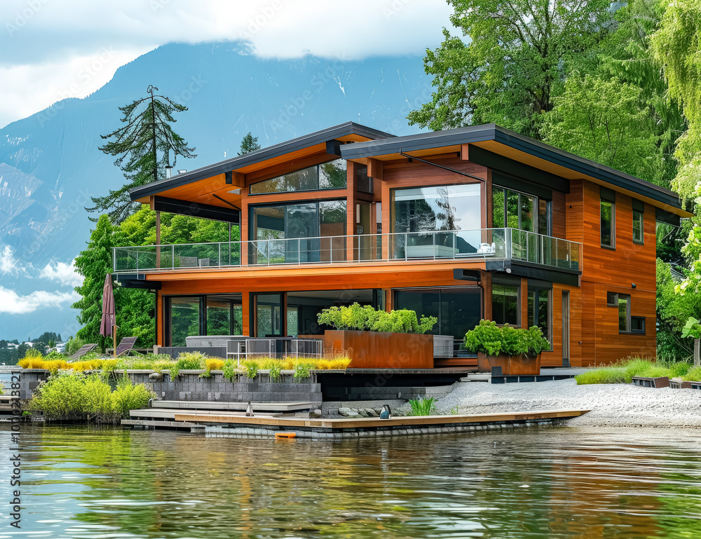 Large house with a beautiful view of the mountains and a lake. The house is surrounded by rocks and has a large deck overlooking the water Large house with a beautiful view of the mountains and a lake. The house is surrounded by rocks and has a large deck overlooking the water