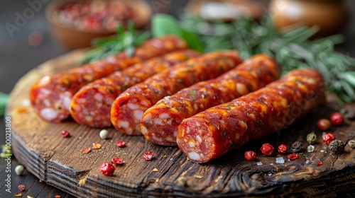 Close-up of spicy salami sausages with herbs and spices on wooden board