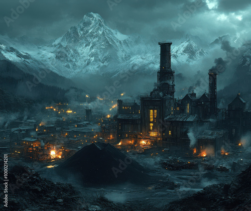 Concept art of an industrial mining site with heavy machinery and dark clouds looming over distant mountains