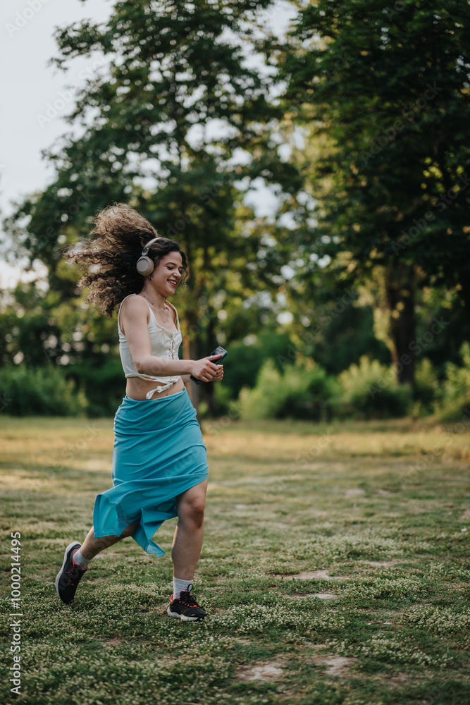A woman joyfully dances in a sunny park while listening to music on her headphones. Her vibrant energy and movement create a lively and freeing atmosphere in the lush green setting. A woman joyfully dances in a sunny park while listening to music on her headphones. Her vibrant energy and movement create a lively and freeing atmosphere in the lush green setting.