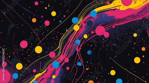 Abstract background with colorful paint strokes and dots on black.