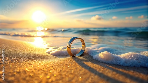 Beautiful Tropical Beach with Shining Engagement Ring,Golden Sand and Crystal Clear Ocean Water, A Serene Coastal Paradise Perfect for Digital Graphic Design Projects and Backgrounds