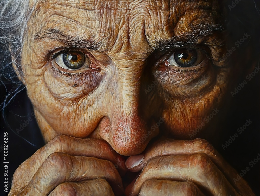 Intense Portrait of an Elderly Woman: A Study in Wrinkles and Expression Intense Portrait of an Elderly Woman: A Study in Wrinkles and Expression
