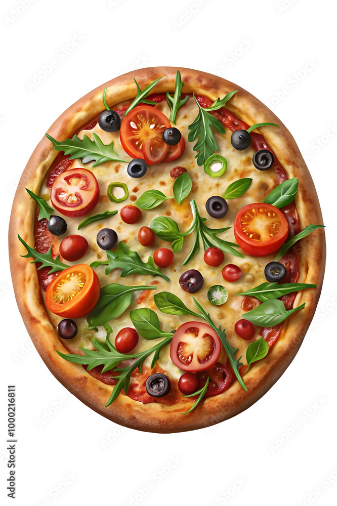 Fresh and colorful pizza ingredients are frozen mid-air as they float above a freshly baked pizza crust. Fresh and colorful pizza ingredients are frozen mid-air as they float above a freshly baked pizza crust.