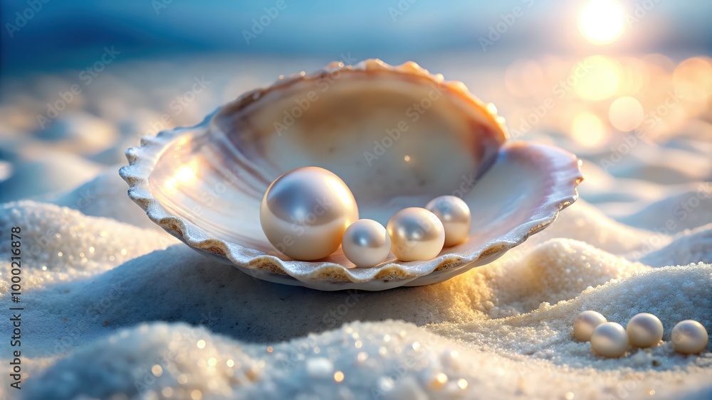 Beautiful Tropical Beach with Pearls in a Shell, Golden Sand and Crystal Clear Ocean Water, A Serene Coastal Paradise Perfect for Digital Graphic Design Projects and Backgrounds Beautiful Tropical Beach with Pearls in a Shell, Golden Sand and Crystal Clear Ocean Water, A Serene Coastal Paradise Perfect for Digital Graphic Design Projects and Backgrounds