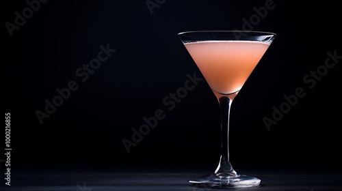 Pink cocktail in a martini glass on a black background.