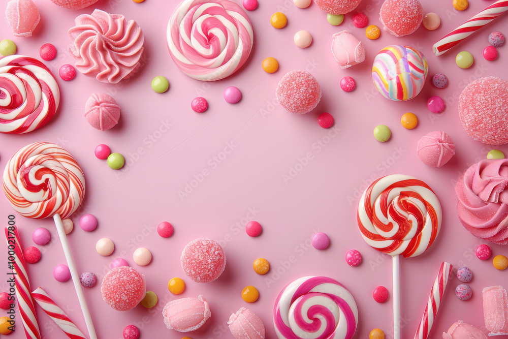Pink Candy Dreams: A vibrant, whimsical array of colorful candies and lollipops on a pink background, creating a sweet, playful composition. Perfect for celebrations, parties. Pink Candy Dreams: A vibrant, whimsical array of colorful candies and lollipops on a pink background, creating a sweet, playful composition. Perfect for celebrations, parties.