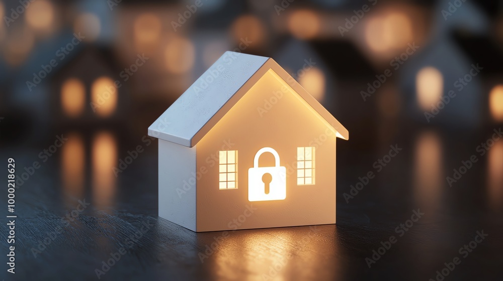 A glowing white house model with a padlock, symbolizing home security and safety on a dark surface. A glowing white house model with a padlock, symbolizing home security and safety on a dark surface.