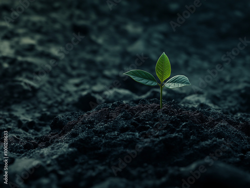 Young Green Plant Sprouting in Dark Soil Symbolizing Growth and Renewal