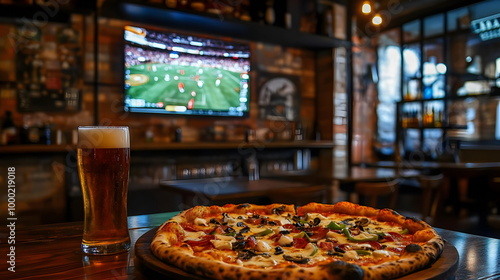 Delicious Pizza Cold Beer Sports Bar Ambiance Friends Watching Game photo