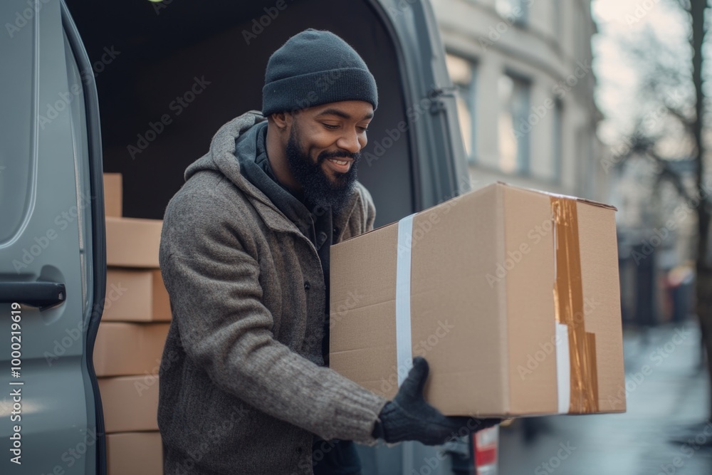 Delivery driver unloading packages from van in urban setting Delivery driver unloading packages from van in urban setting