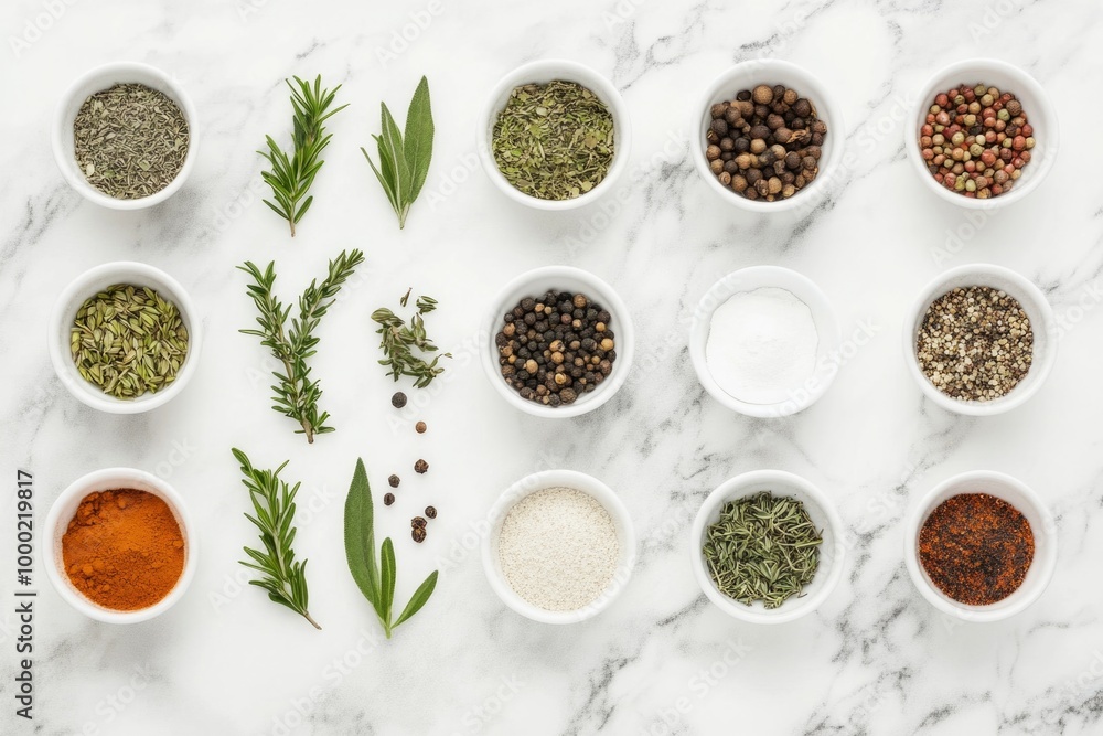 Assorted spices and herbs in white bowls on marble surface Assorted spices and herbs in white bowls on marble surface