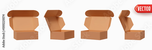Set of brown cardboard open boxes realistic 3d design isolated on white background. Collection of open paper box. vector illustration