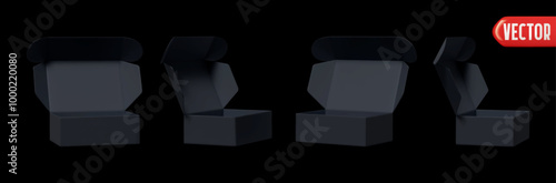 Set of black cardboard open boxes realistic 3d design isolated on white background. Collection of open paper box. vector illustration