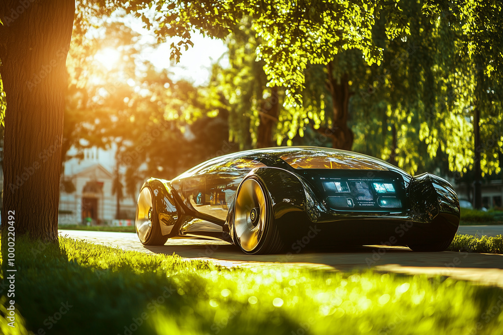 Electric Car of the Future in a Green Urban Oasis Electric Car of the Future in a Green Urban Oasis