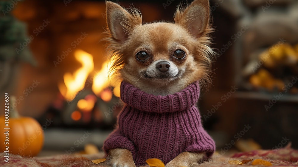 Adorable Chihuahua in a cozy knit sweater sitting by a warm fireplace, surrounded by autumn decor, capturing the warmth of fall and home comfort Adorable Chihuahua in a cozy knit sweater sitting by a warm fireplace, surrounded by autumn decor, capturing the warmth of fall and home comfort