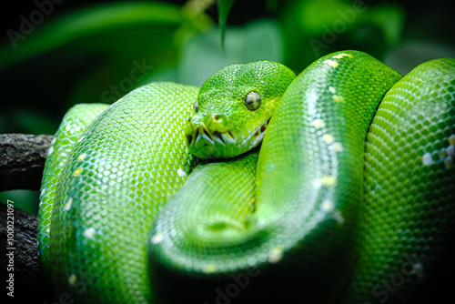 close up portrait of green tree python